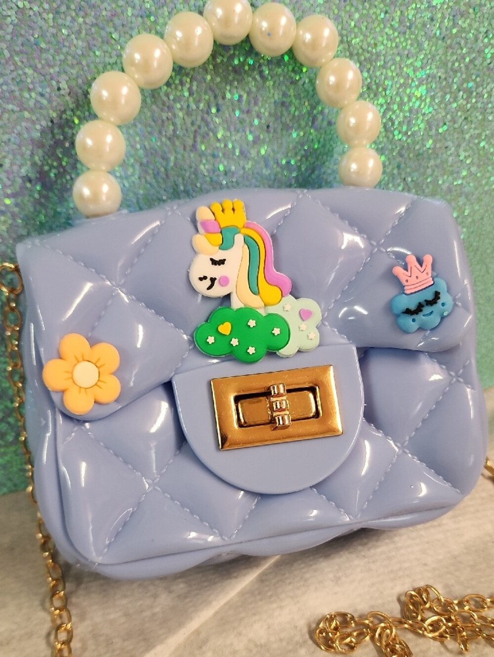 Lilac Quilted Pearl-Handle Crossbody Bag with Unicorn Accents - Picture 3 of 13